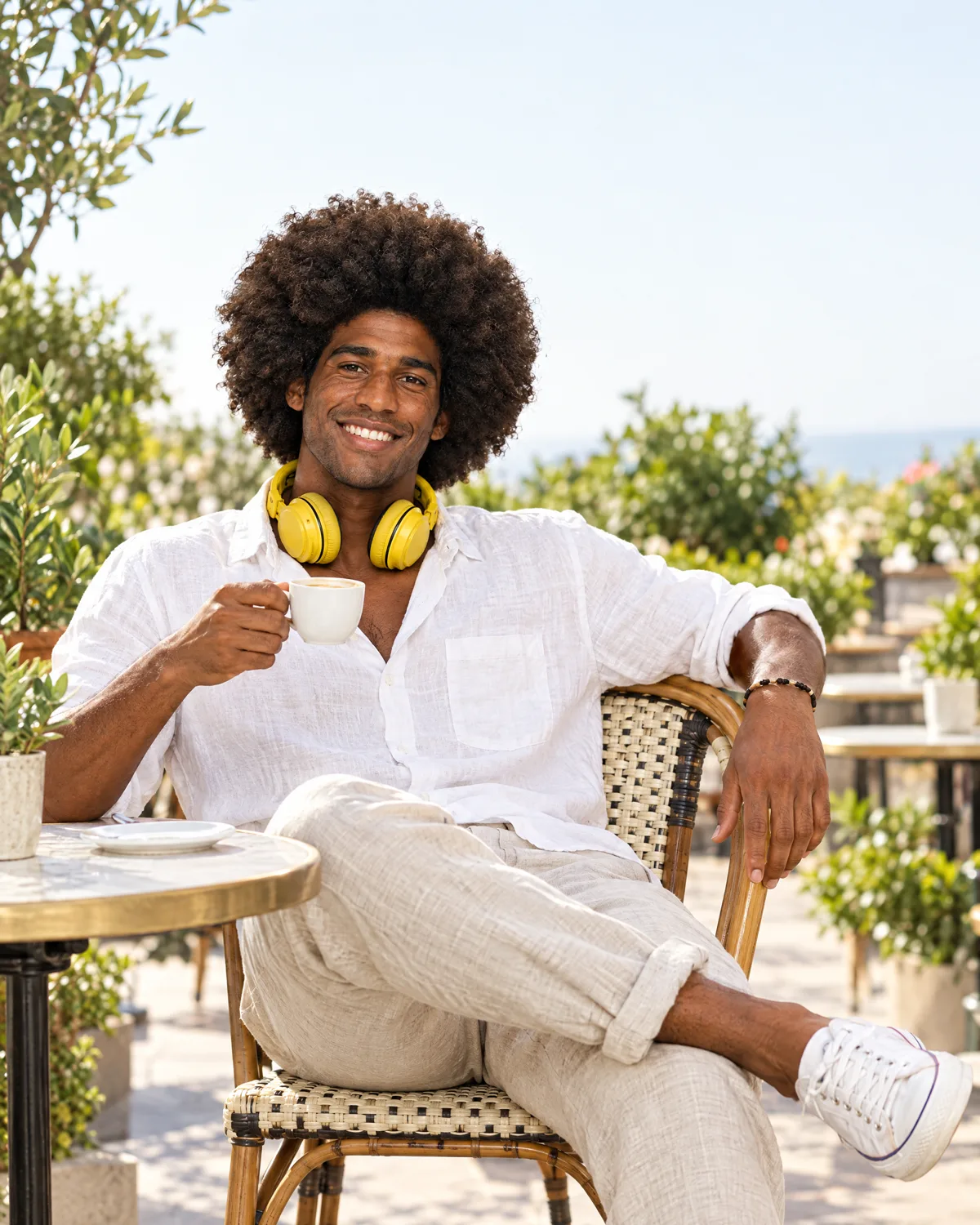 ADSON tomando café en la terraza de un restaurante